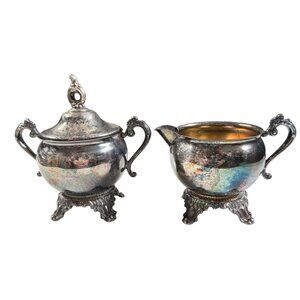 Vtg Pilgrim Silverplate Footed Creamer Sugar Bowl Set Ornate Handles Lid